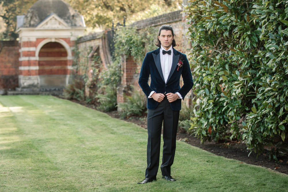 Groom Suit Velvet Jacket Bow Tie Winter Luxe Wedding Ideas Becky Harley Photography