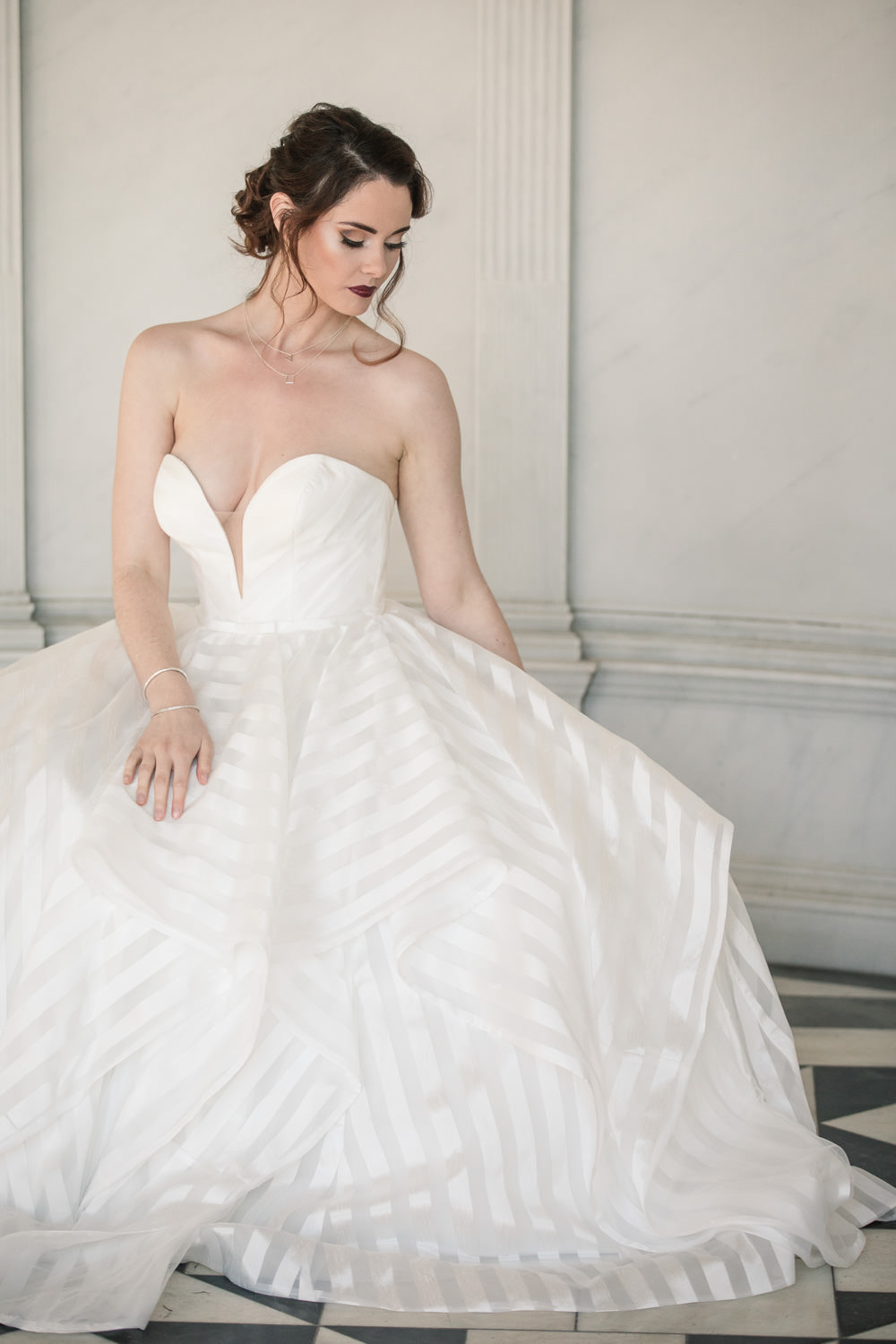 Dress Gown Bride Bridal Stripe Pockets Plunging Neckline Ruffle Layer Skirt Winter Luxe Wedding Ideas Becky Harley Photography