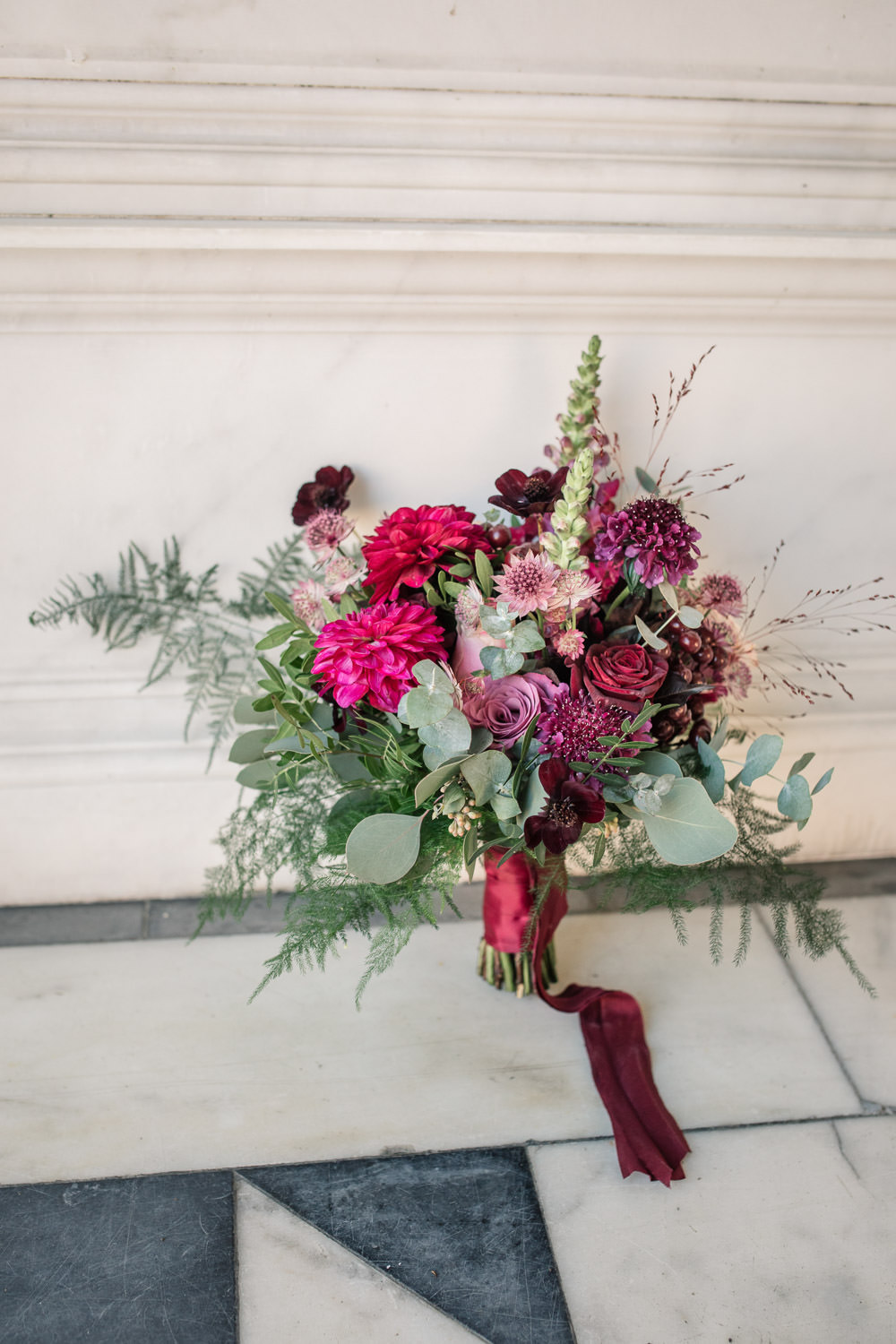 Bouquet Flowers Bride Bridal Red Pink Burgundy Green Greenery Foliage Berry Rose Ribbon Winter Luxe Wedding Ideas Becky Harley Photography
