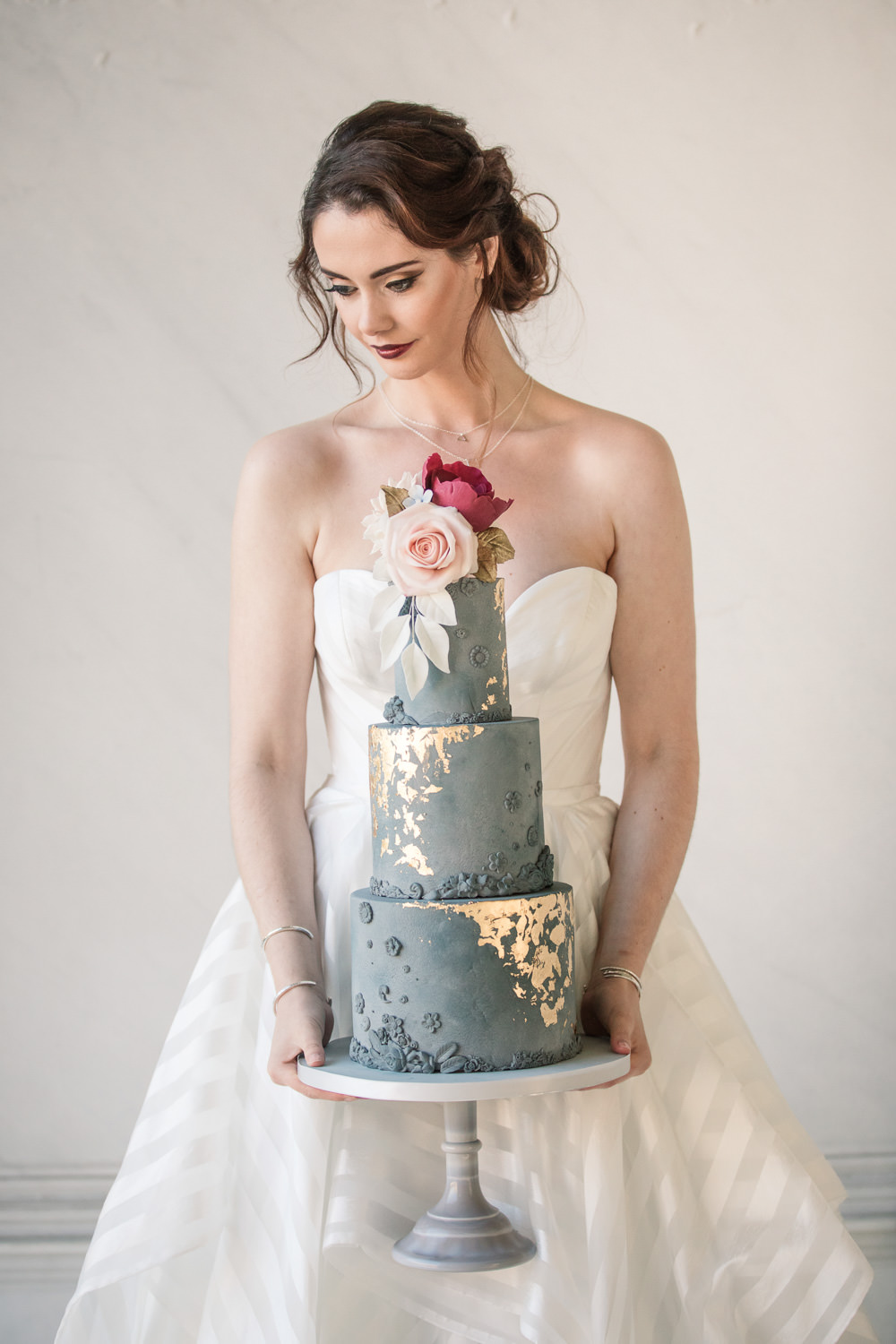 Blue Cake Tall Floral Gold Grey Stone Winter Luxe Wedding Ideas Becky Harley Photography