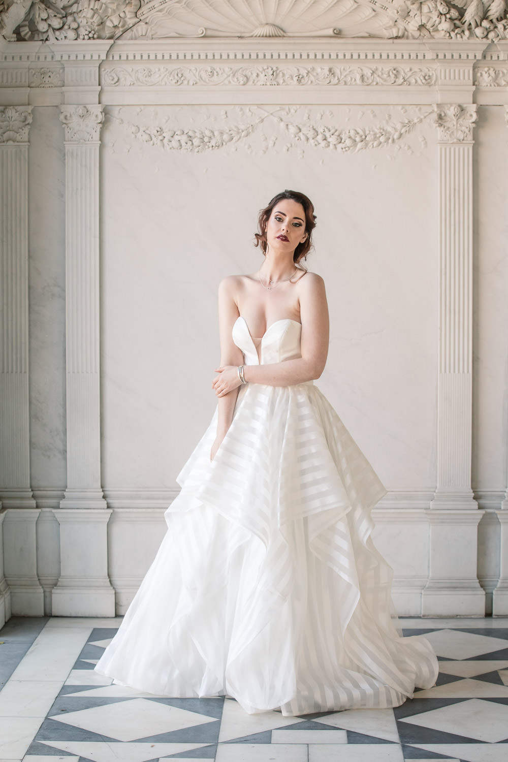 Dress Gown Bride Bridal Stripe Pockets Plunging Neckline Ruffle Layer Skirt Winter Luxe Wedding Ideas Becky Harley Photography