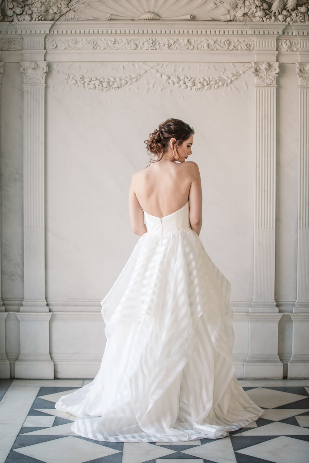 Dress Gown Bride Bridal Stripe Pockets Plunging Neckline Ruffle Layer Skirt Winter Luxe Wedding Ideas Becky Harley Photography