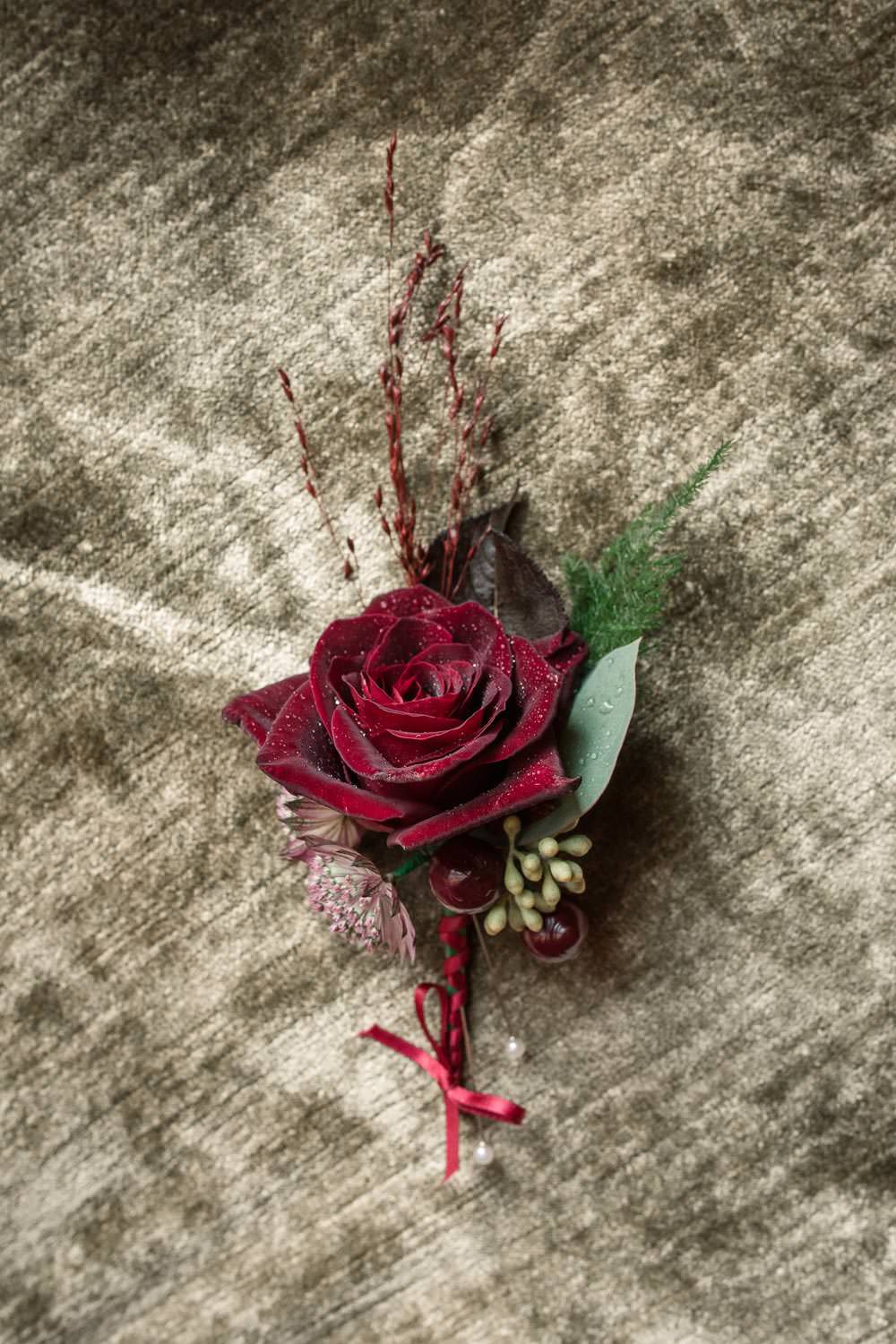 Red Velvet Rose Buttonhole Groom Winter Luxe Wedding Ideas Becky Harley Photography