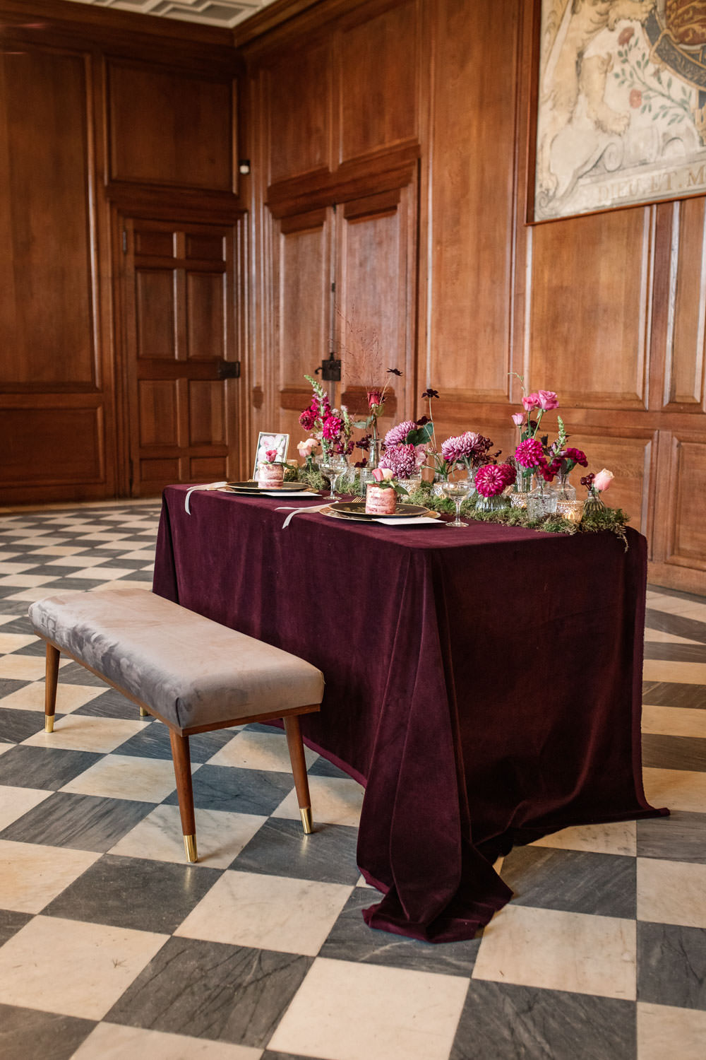 Table Tablescape Decor Red Velvet Cloth Flowers Pink Bottles Moss Gold Candles Plates Winter Luxe Wedding Ideas Becky Harley Photography