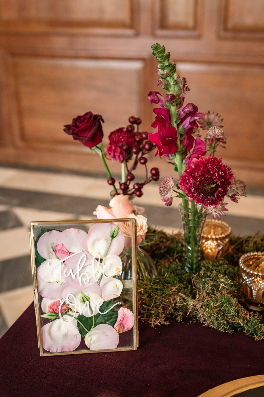 Petals Floral Flower Frame Table Number Winter Luxe Wedding Ideas Becky Harley Photography
