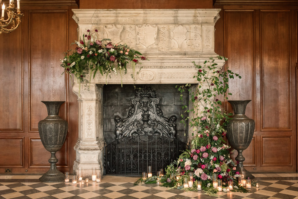 Fireplace Mantlepiece Flowers Installation Candles Greenery Backdrop Winter Luxe Wedding Ideas Becky Harley Photography