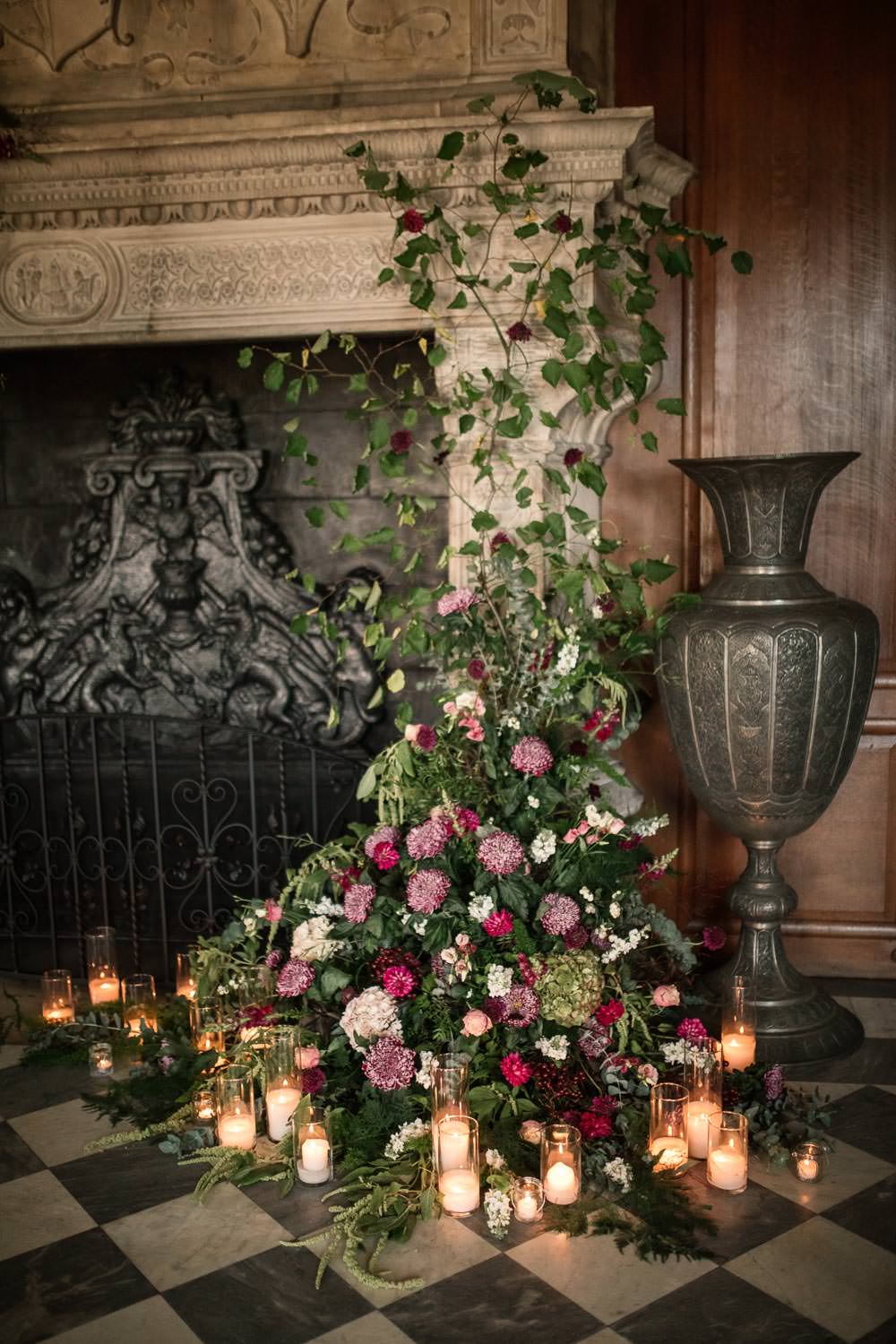 Fireplace Mantlepiece Flowers Installation Candles Greenery Backdrop Winter Luxe Wedding Ideas Becky Harley Photography