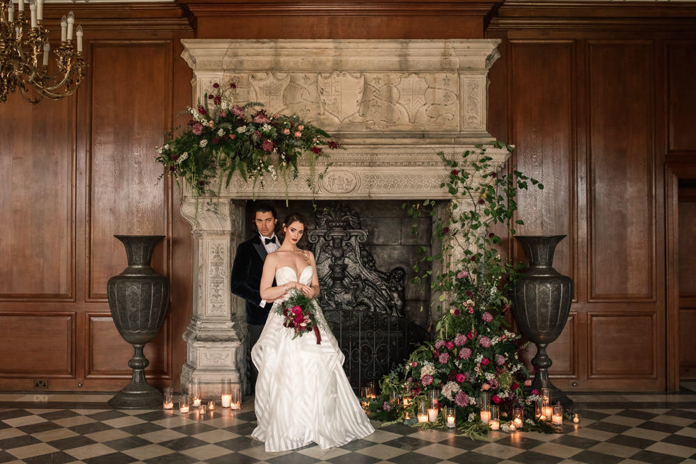Fireplace Mantlepiece Flowers Installation Candles Greenery Backdrop Winter Luxe Wedding Ideas Becky Harley Photography