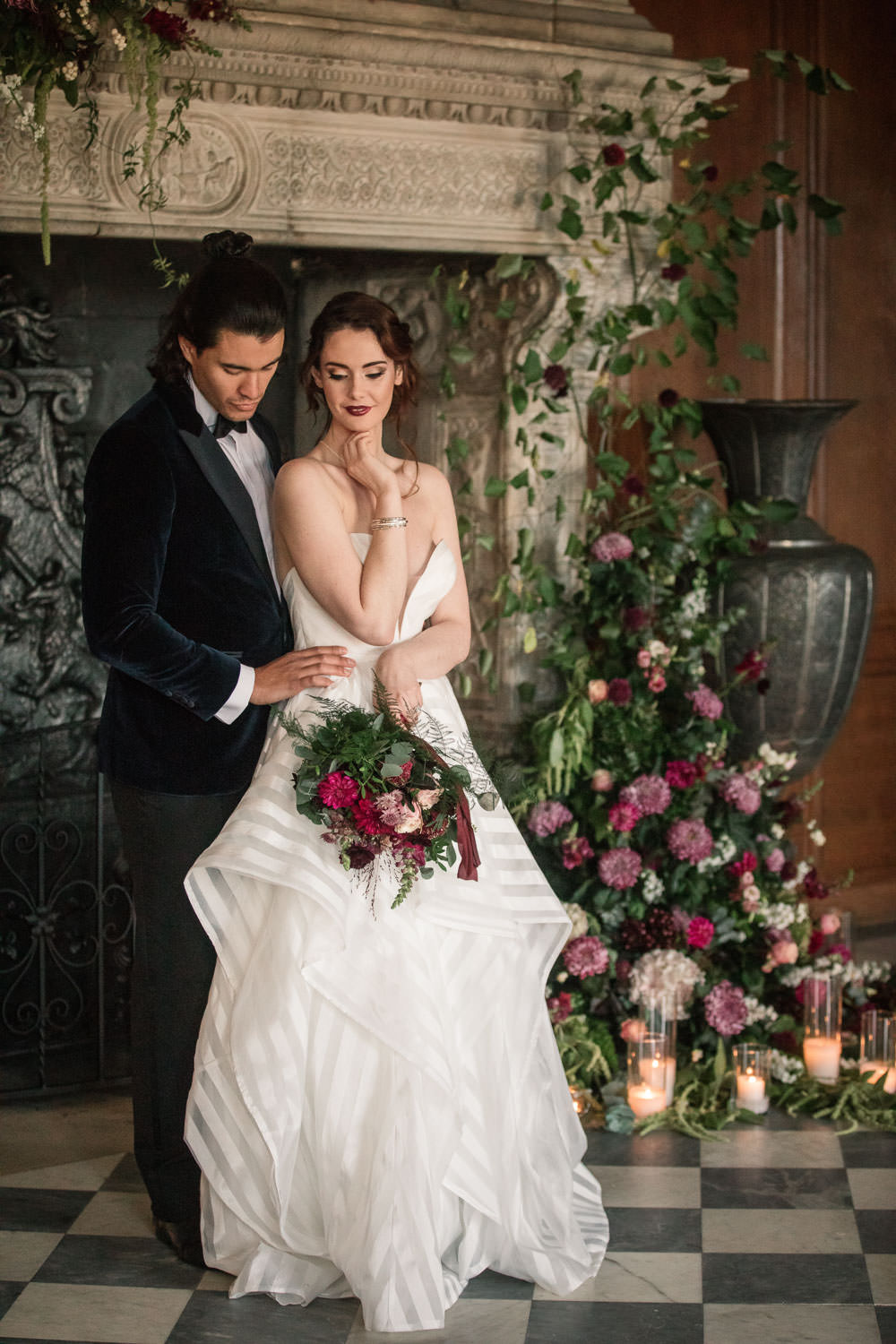 Fireplace Mantlepiece Flowers Installation Candles Greenery Backdrop Winter Luxe Wedding Ideas Becky Harley Photography