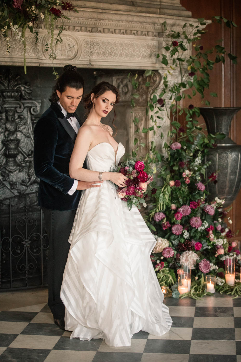 Fireplace Mantlepiece Flowers Installation Candles Greenery Backdrop Winter Luxe Wedding Ideas Becky Harley Photography