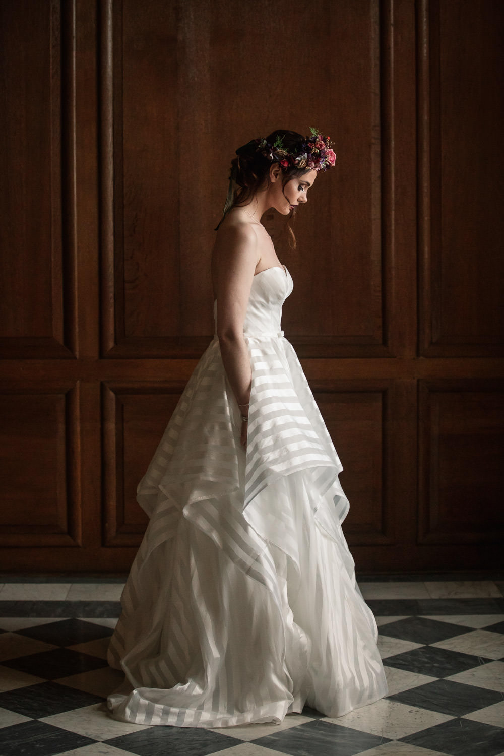 Dress Gown Bride Bridal Stripe Pockets Plunging Neckline Ruffle Layer Skirt Winter Luxe Wedding Ideas Becky Harley Photography