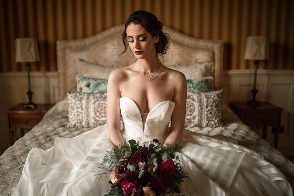 Dress Gown Bride Bridal Stripe Pockets Plunging Neckline Ruffle Layer Skirt Winter Luxe Wedding Ideas Becky Harley Photography