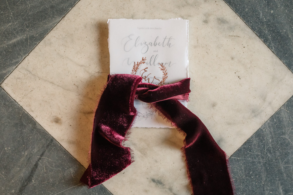 Stationery Invites Invitations Velvet Ribbon Calligraphy Glassine Gold Winter Luxe Wedding Ideas Becky Harley Photography