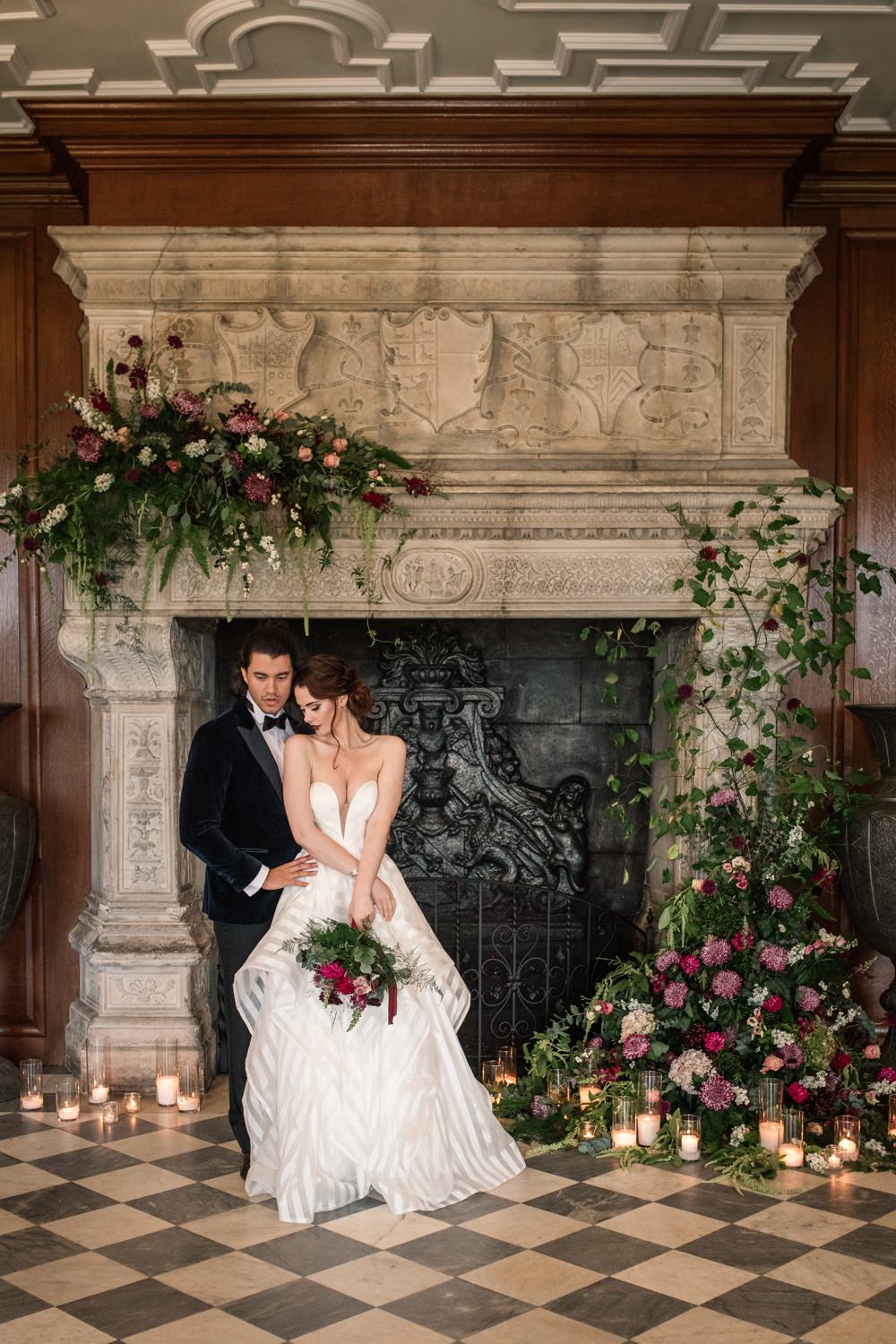 Fireplace Mantlepiece Flowers Installation Candles Greenery Backdrop Winter Luxe Wedding Ideas Becky Harley Photography