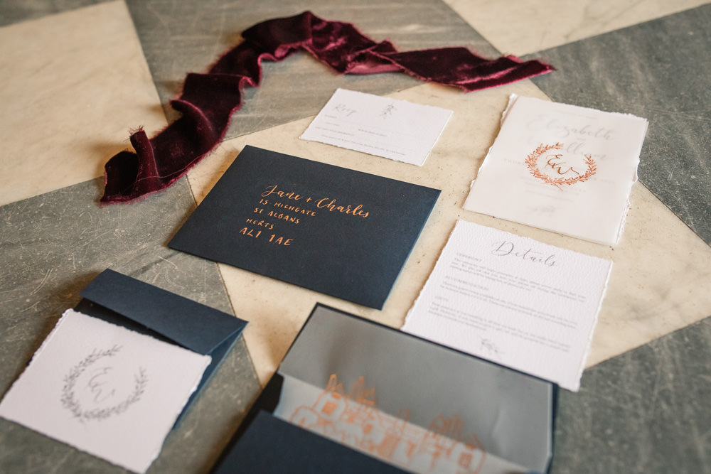 Stationery Invites Invitations Velvet Ribbon Calligraphy Glassine Gold Winter Luxe Wedding Ideas Becky Harley Photography