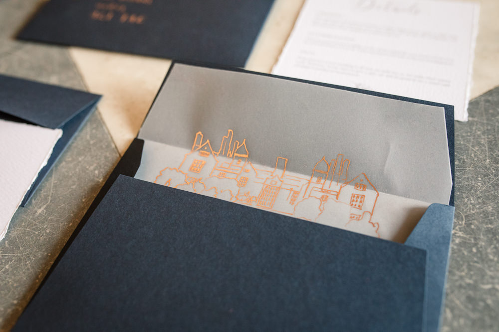 Stationery Invites Invitations Velvet Ribbon Calligraphy Glassine Gold Envelope Blue Insert Winter Luxe Wedding Ideas Becky Harley Photography