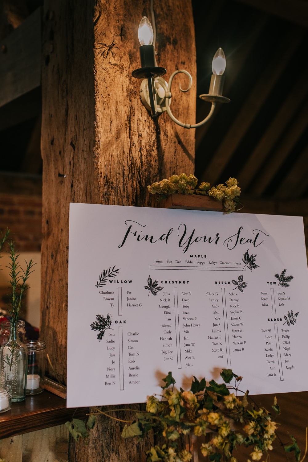 Botanical Leaf Seating Plan Table Chart Barford Park Barn Wedding Faye Green Photography