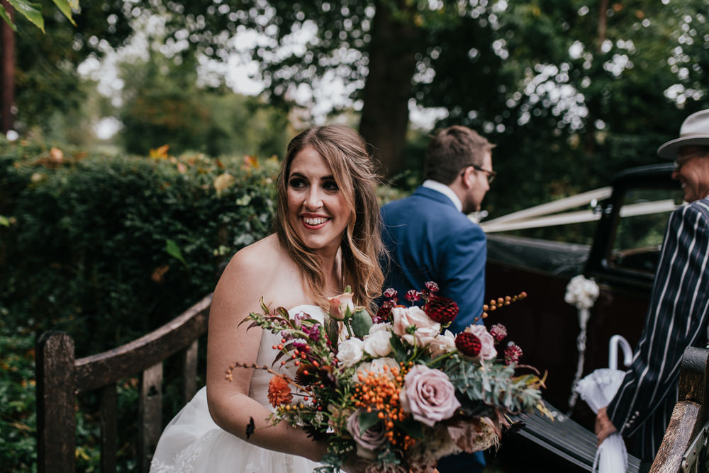 Bouquet Flowers Bride Bridal Autumn Dahlia Orange Pink Rose Seeds Ribbons Barford Park Barn Wedding Faye Green Photography