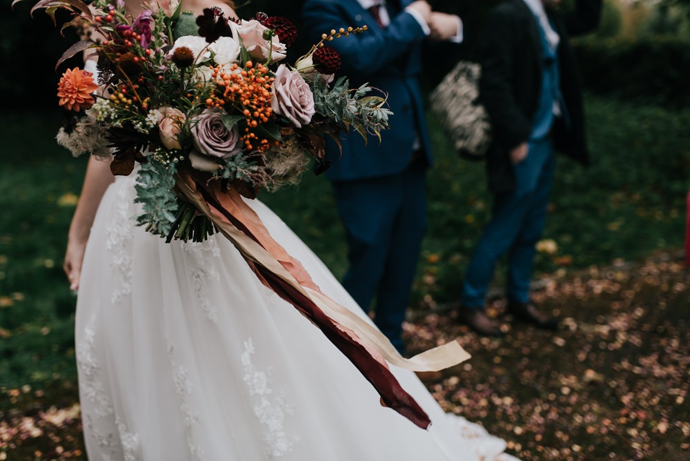 Bouquet Flowers Bride Bridal Autumn Dahlia Orange Pink Rose Seeds Ribbons Barford Park Barn Wedding Faye Green Photography