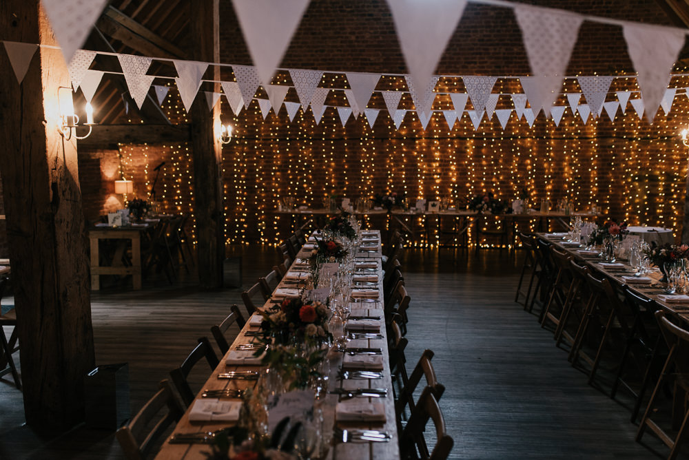 Fairy Light Curtain Bunting Long Tables Barford Park Barn Wedding Faye Green Photography