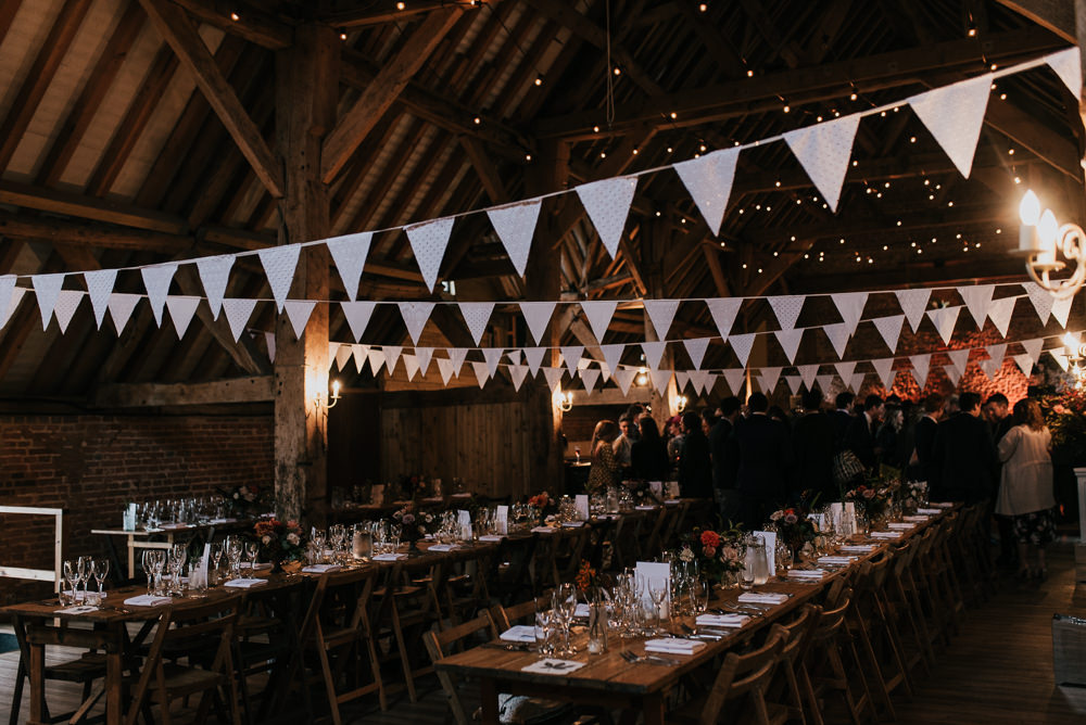 Fairy Light Curtain Bunting Long Tables Barford Park Barn Wedding Faye Green Photography