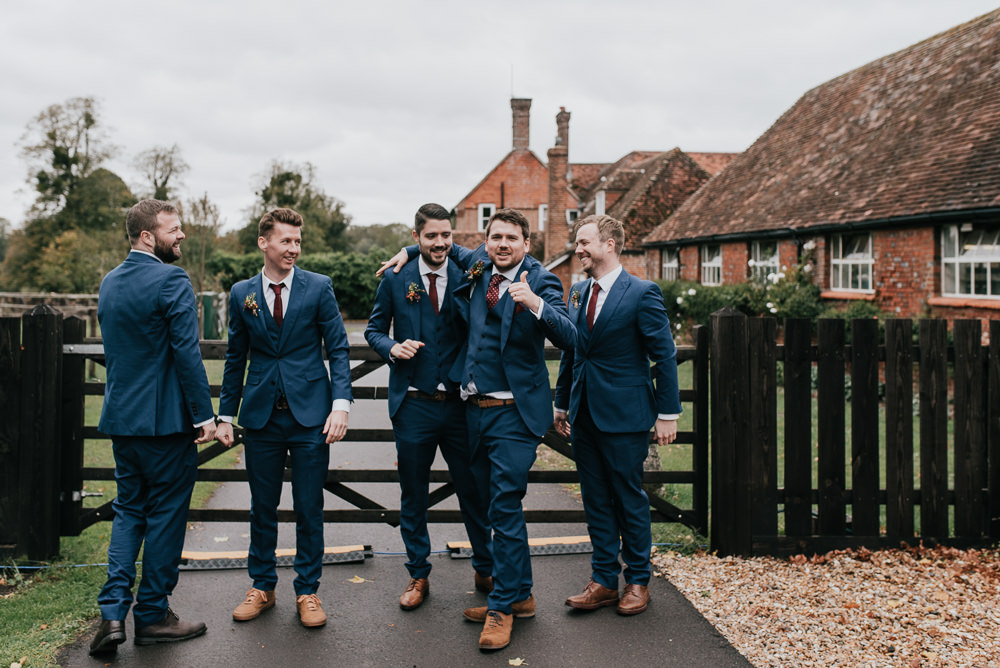 Groom Groomsmen Suits Navy Tan Shoes Red Ties Barford Park Barn Wedding Faye Green Photography