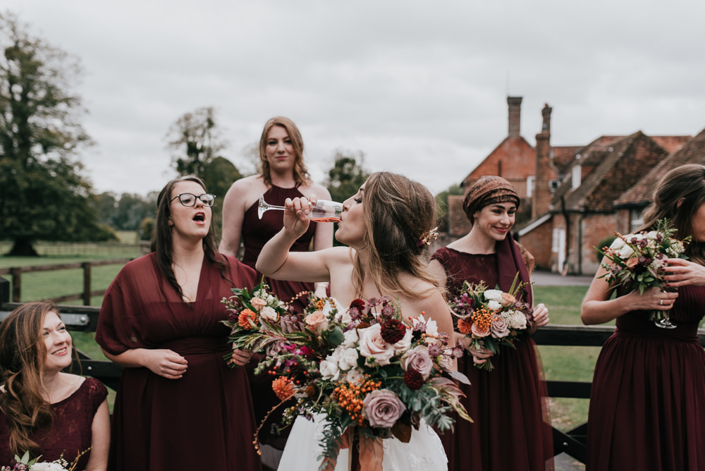 Bouquet Flowers Bride Bridal Autumn Dahlia Orange Pink Rose Seeds Ribbons Barford Park Barn Wedding Faye Green Photography