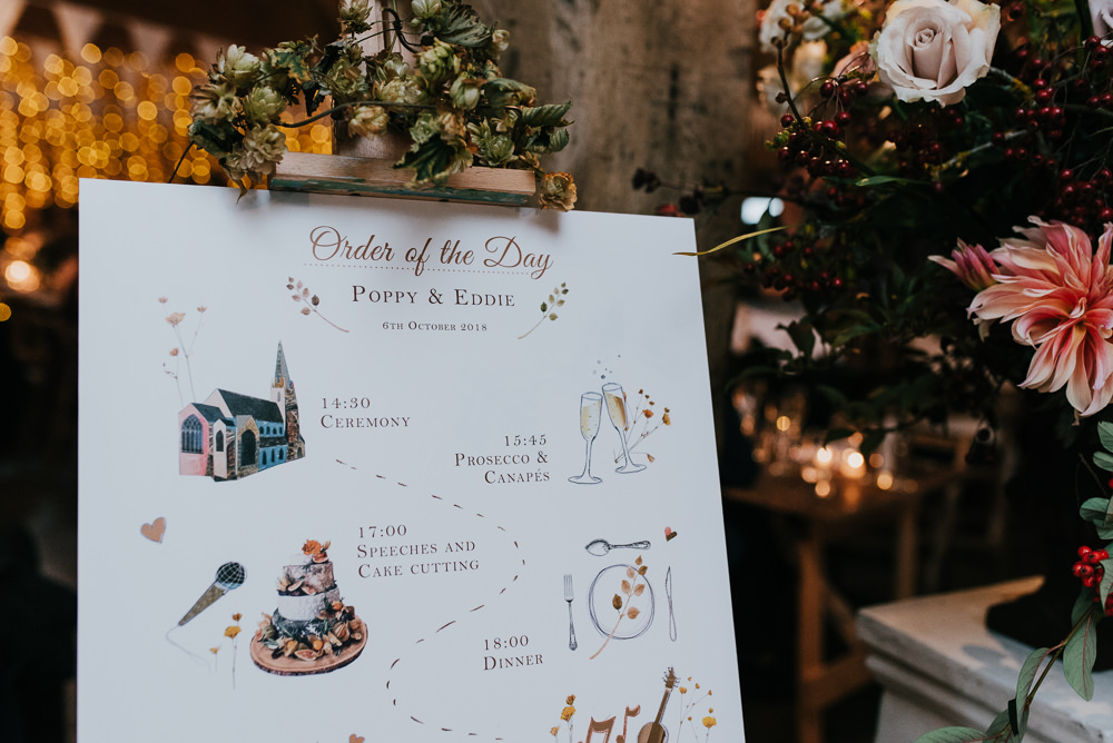 Order Of Day Sign Illustrated Barford Park Barn Wedding Faye Green Photography
