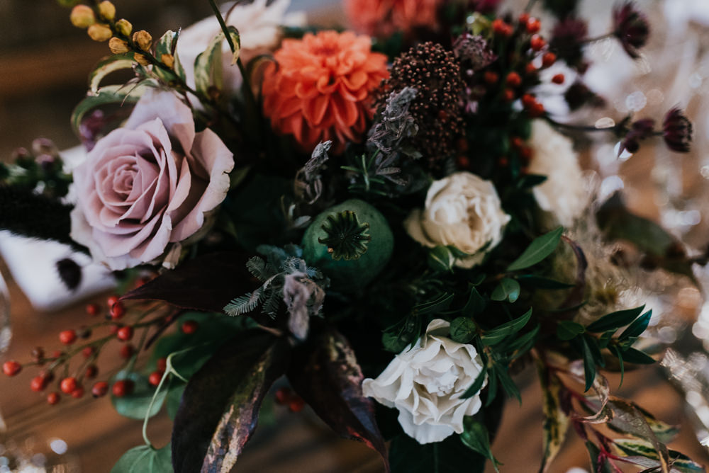 Bouquet Flowers Bride Bridal Autumn Dahlia Orange Pink Rose Seeds Ribbons Barford Park Barn Wedding Faye Green Photography