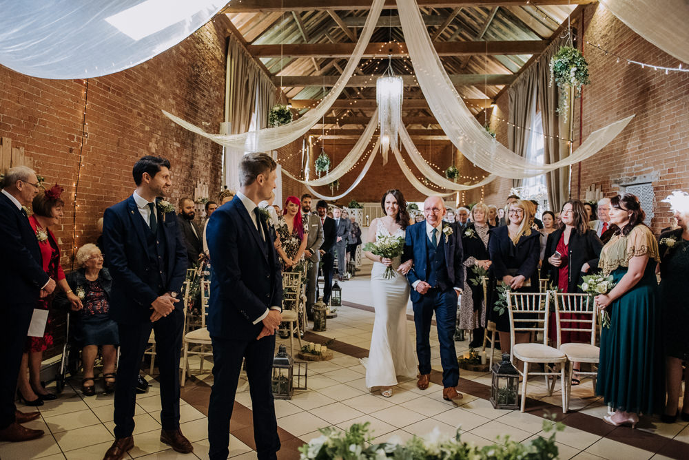 Bride Bridal Wed2B Dress Gown Sleeveless Embellishment Lace Navy Draping Ceremony Groom Barn Elsham Hall Wedding Wedding Kazooieloki Photography