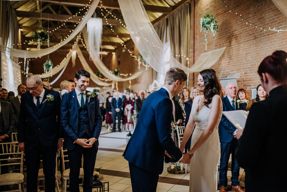 Bride Bridal Wed2B Dress Gown Sleeveless Embellishment Lace Navy Groom Draping Fairy Lights Ceremony Barn Elsham Hall Wedding Wedding Kazooieloki Photography