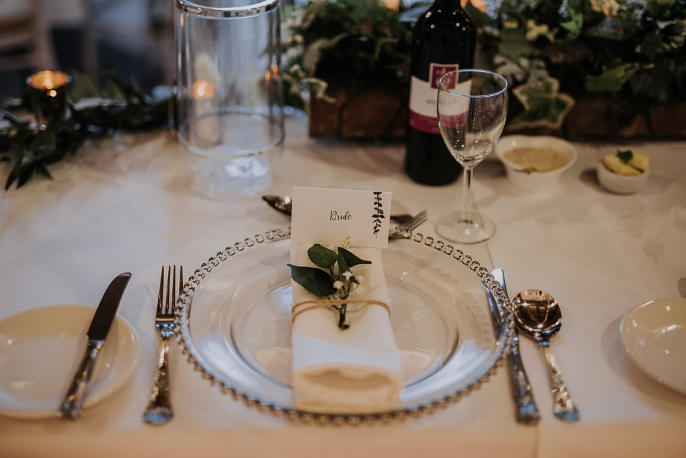 Table Setting Jewelled Charger Greenery Barn Elsham Hall Wedding Wedding Kazooieloki Photography