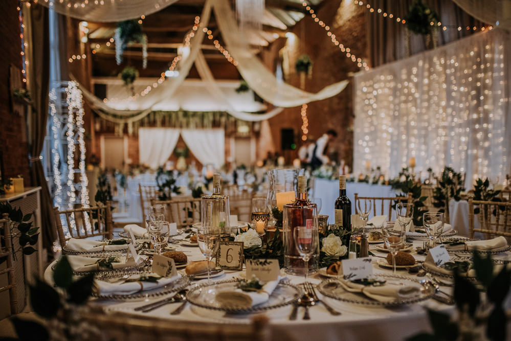 Greenery Draping Table Setting Fairy Lights Barn Elsham Hall Wedding Wedding Kazooieloki Photography