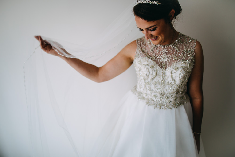 Princess Bride Bridal Dress Gown Alfred Angelo Veil Embellished Bawdon Lodge Farm Wedding Hannah Hall Photography