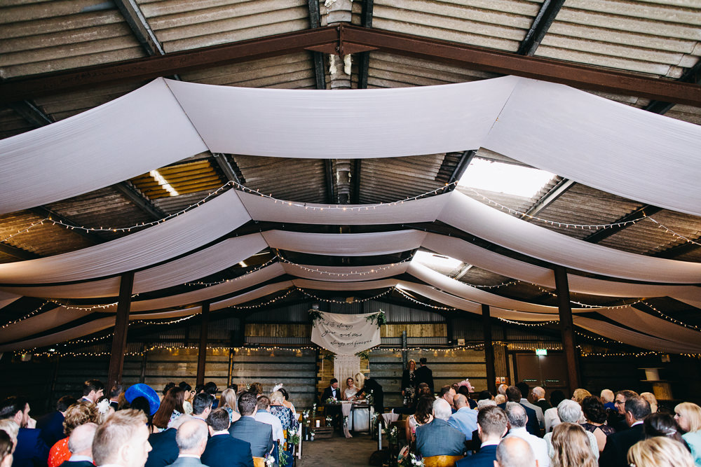 Ceremony Barn Drapes Fairy Lights Bawdon Lodge Farm Wedding Hannah Hall Photography