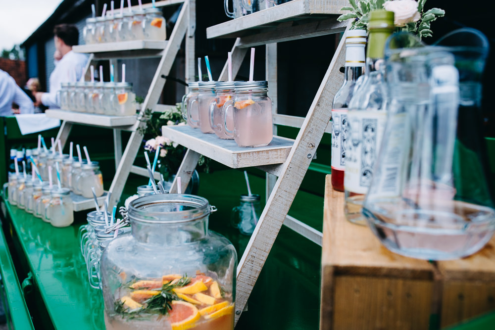 Drinks Stand Station Bar Wooden Ladder Shelf Bottles Jars Bawdon Lodge Farm Wedding Hannah Hall Photography