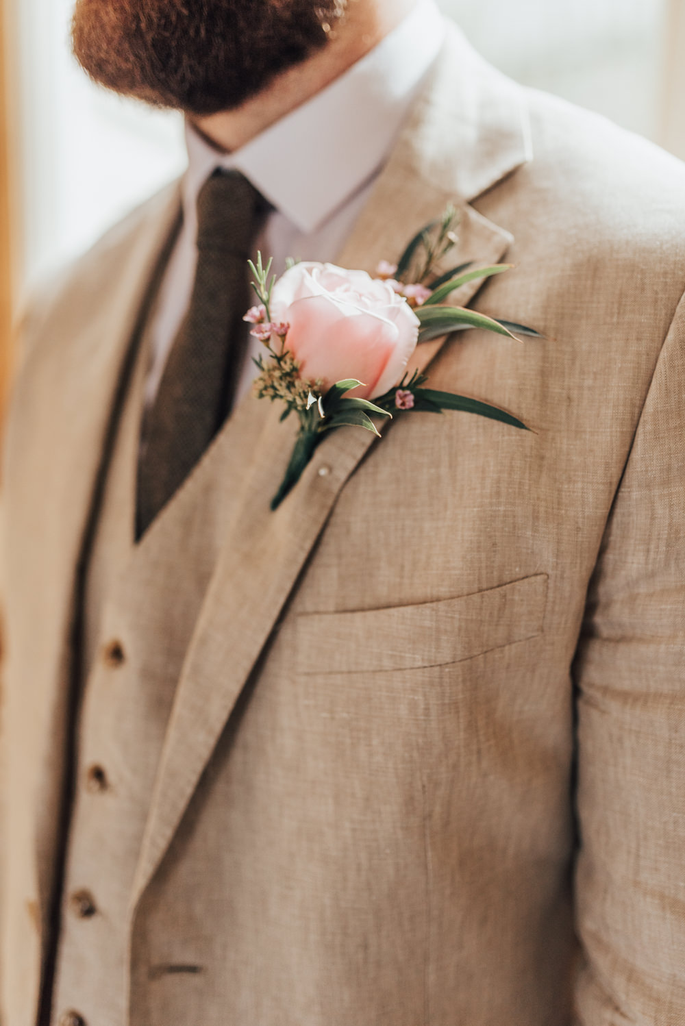 Groom Suit Pale Sand Linen Tweed Tie Pink Rose Buttonhole Loafers Beacon House Wedding Elopement Rebecca Carpenter Photography