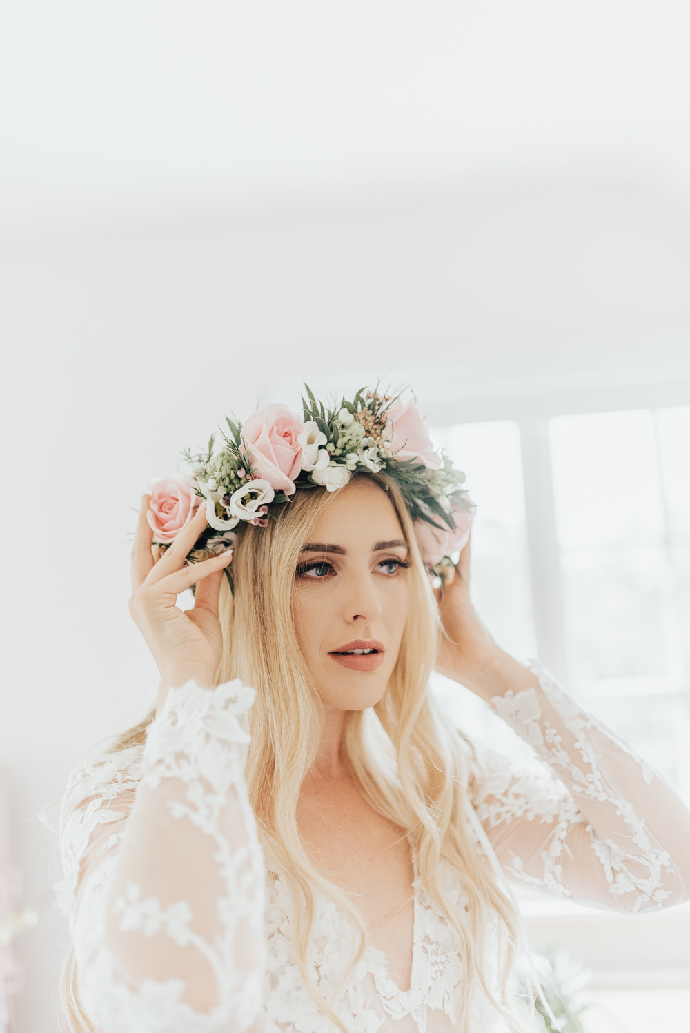 Bride Bridal Flower Crown Pink Rose Hair Loose Waves Make Up Beacon House Wedding Elopement Rebecca Carpenter Photography