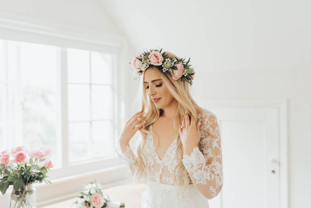Bride Bridal Flower Crown Pink Rose Hair Loose Waves Make Up Beacon House Wedding Elopement Rebecca Carpenter Photography