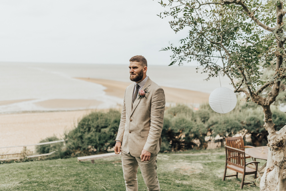Groom Suit Pale Sand Linen Tweed Tie Pink Rose Buttonhole Loafers Beacon House Wedding Elopement Rebecca Carpenter Photography