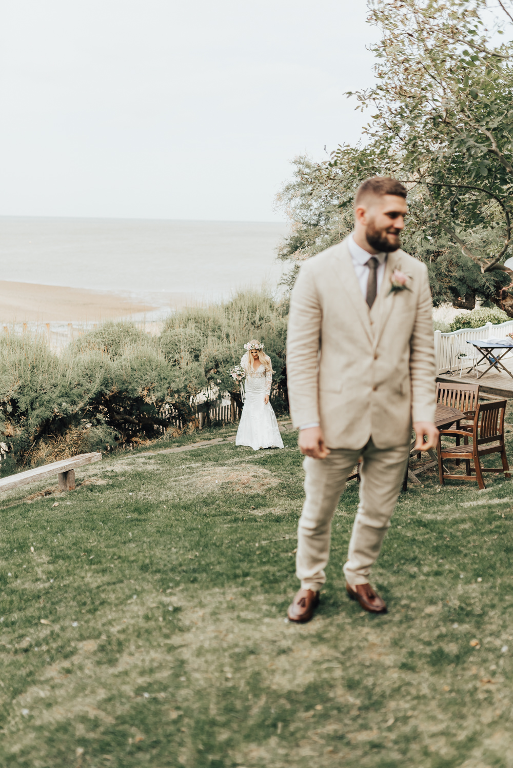 First Look Groom Suit Sand Linen Tweed Tie Pink Rose Buttonhole Loafers Beacon House Wedding Elopement Rebecca Carpenter Photography