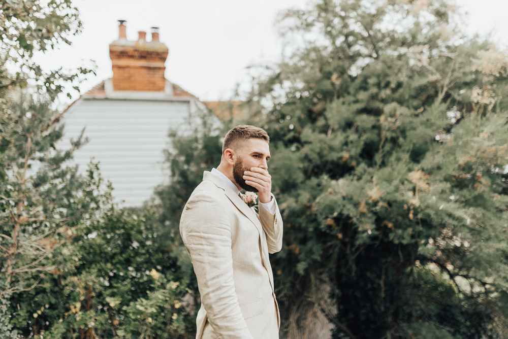 Groom Suit Pale Sand Linen Tweed Tie Pink Rose Buttonhole Loafers First Look Beacon House Wedding Elopement Rebecca Carpenter Photography