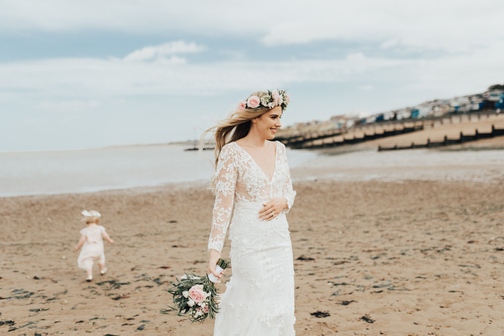Dress Gown Bride Bridal Lace Sleeves Deep V Neck Beacon House Wedding Elopement Rebecca Carpenter Photography