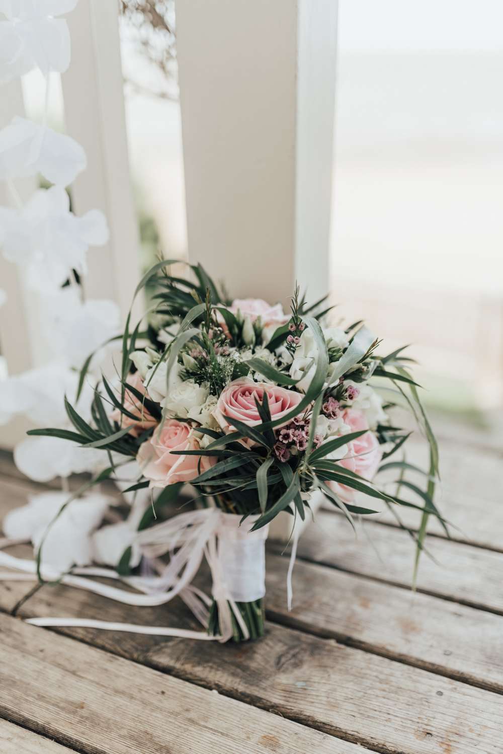 Bride Bridal Flowers Bouquet Pink Rose Wax Flower Greenery Foliage Beacon House Wedding Elopement Rebecca Carpenter Photography