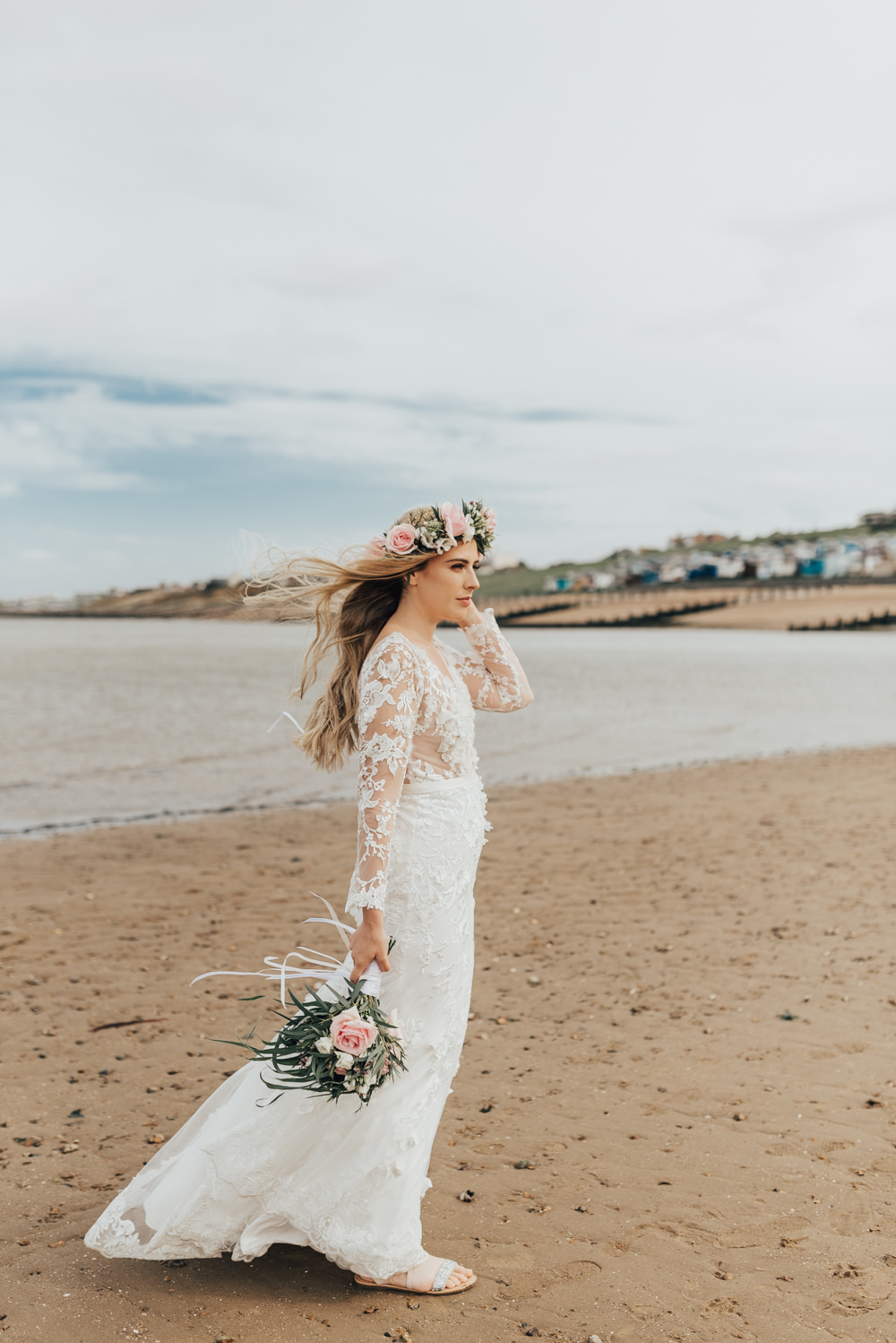 Dress Gown Bride Bridal Lace Sleeves Deep V Neck Beacon House Wedding Elopement Rebecca Carpenter Photography