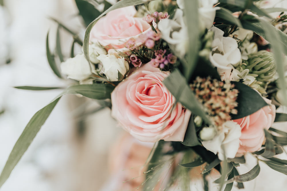 Bride Bridal Flowers Bouquet Pink Rose Wax Flower Greenery Foliage Beacon House Wedding Elopement Rebecca Carpenter Photography