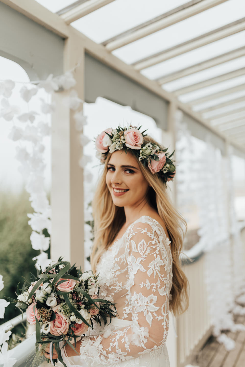 Bride Bridal Flowers Bouquet Pink Rose Wax Flower Greenery Foliage Flower Crown Beacon House Wedding Elopement Rebecca Carpenter Photography
