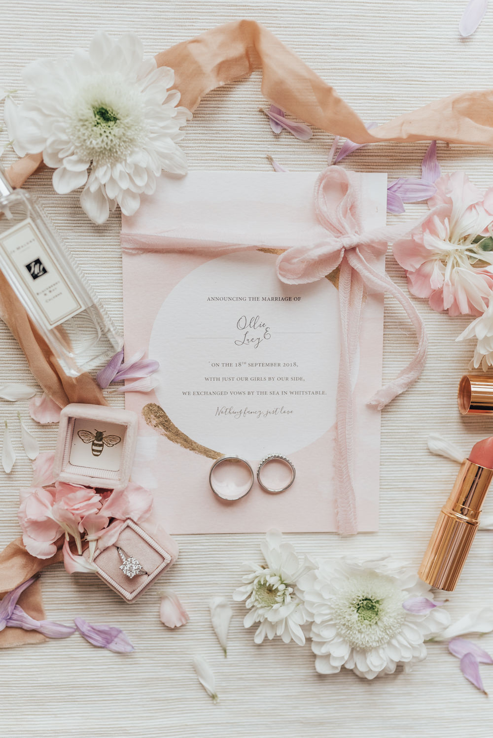 Stationery Invites Invitations Flat Lay Pink Pretty Gold Ribbon Beacon House Wedding Elopement Rebecca Carpenter Photography
