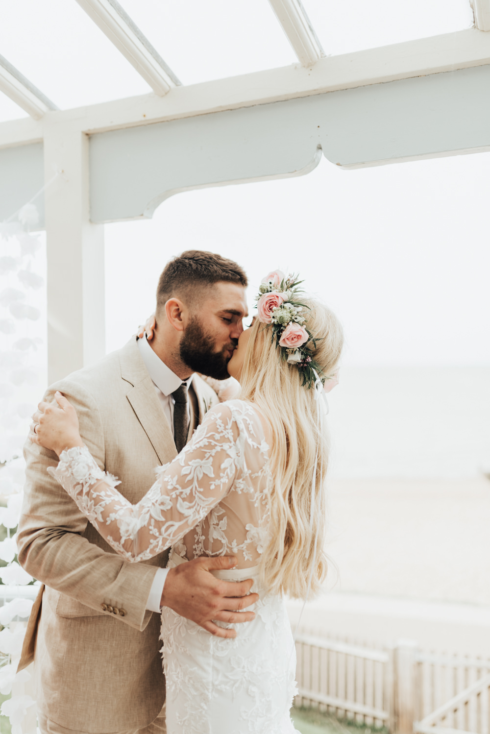 Dress Gown Bride Bridal Lace Sleeves Deep V Neck Beacon House Wedding Elopement Rebecca Carpenter Photography