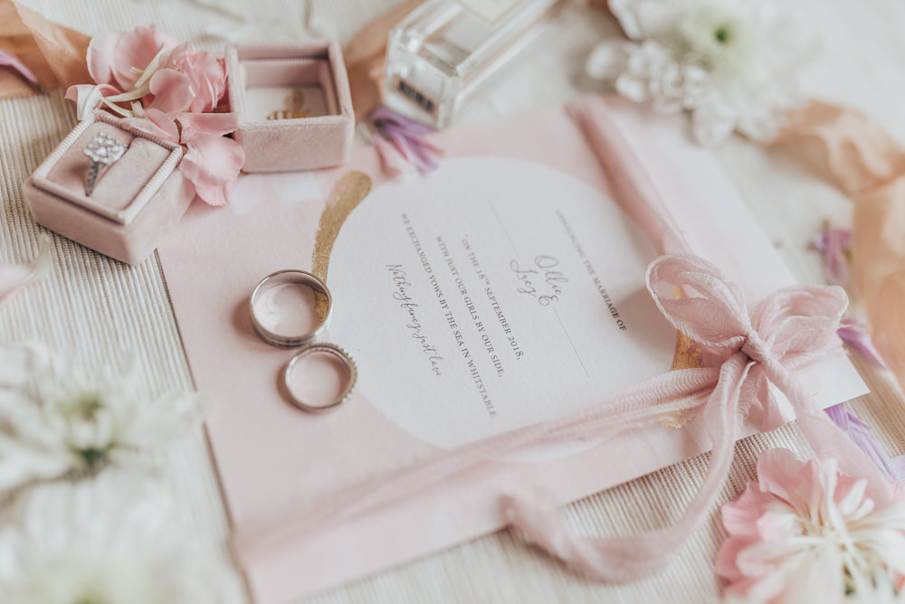 Stationery Invites Invitations Flat Lay Pink Pretty Gold Ribbon Beacon House Wedding Elopement Rebecca Carpenter Photography